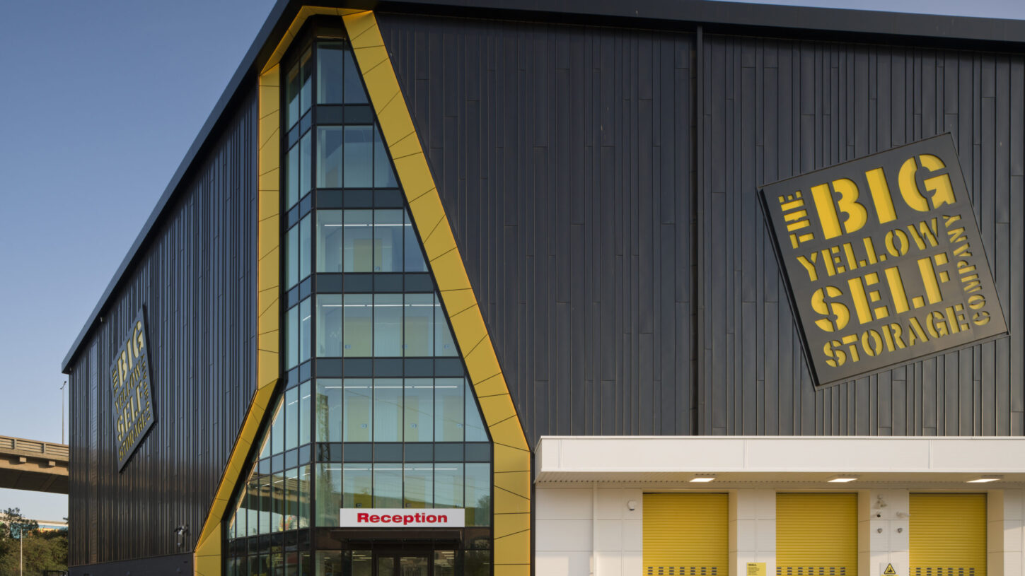 Completed Big Yellow Self Storage facility at Staples Corner, London, with six-storey self storage and flexible office accommodation.