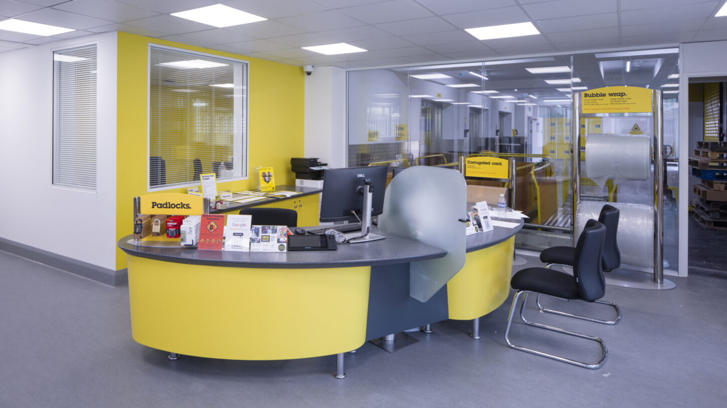 Reception and customer service area within the completed Big Yellow Self Storage facility at Staples Corner, London.