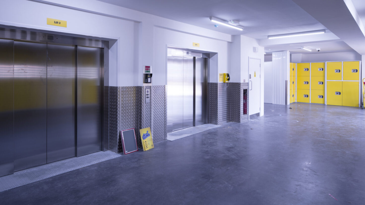 Lift lobby and self storage units within the completed Big Yellow Self Storage facility at Staples Corner, London